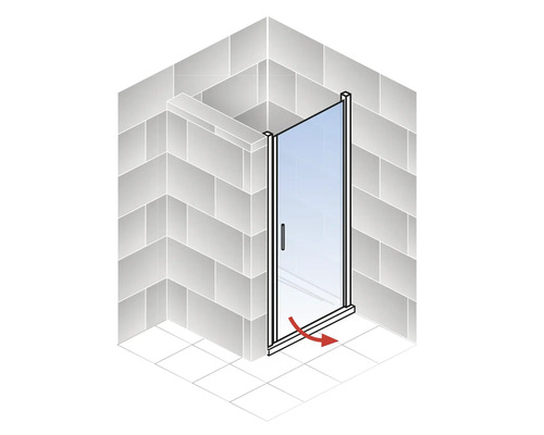Duschtür in einer Ecke mit Drehbewegung dargestellt