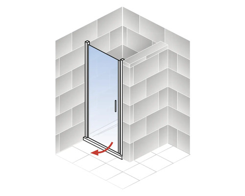 Illustration d''une cabine de douche à porte pivotante avec une flèche rouge indiquant le mouvement de rotation.