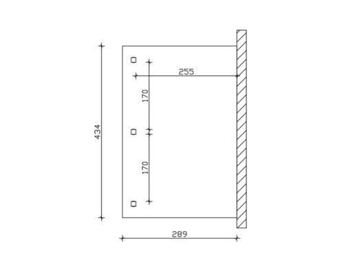 Technische Zeichnung mit Maßangaben für eine Wandmontage
