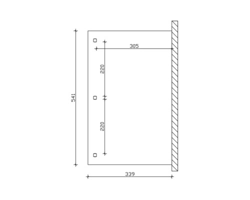 Dessin technique avec cotes pour un montage mural, dimensions 541 x 339 mm.