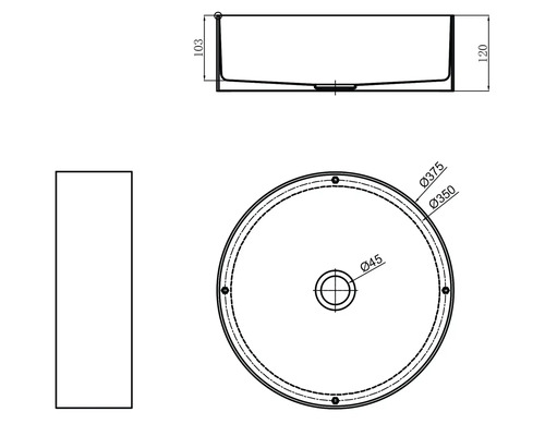 Schéma technique d''une vasque à poser avec indications de dimensions
