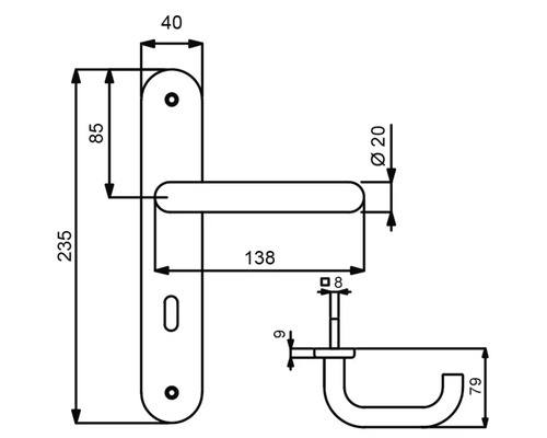 Schéma technique d''une poignée de porte avec dimensions