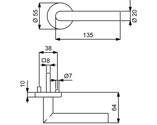 Schéma technique d''une poignée de porte avec dimensions.
