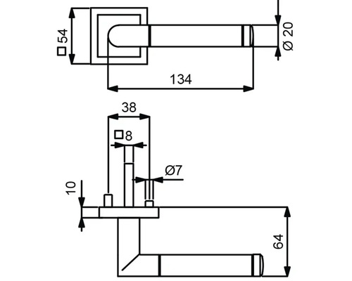 Dessin technique d''une poignée de porte avec indications de dimensions