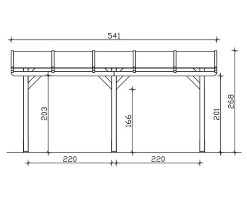 Technische Zeichnung einer Überdachung mit Maßangaben
