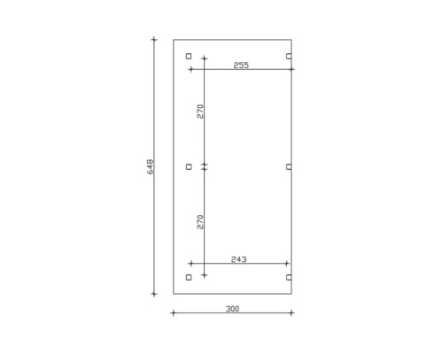 Schéma technique avec dimensions : longueur 648, largeur en haut 255, largeur en bas 243, largeur totale 300, distance entre les points de fixation 270.