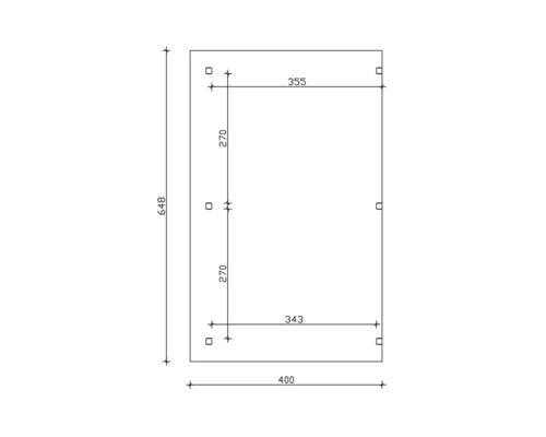 Plan de construction avec dimensions : hauteur 648 mm, largeur 400 mm, largeur supérieure 355 mm, largeur inférieure 343 mm, hauteur latérale 270 mm