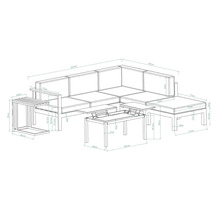 Dimensions d''un ensemble de meubles de jardin avec canapé d''angle, table d''appoint et tables basses.