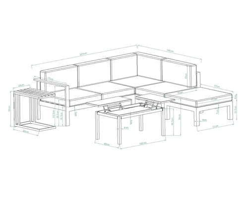 Abmessungen eines Gartenmöbelsets mit Ecksofa, Beistelltisch und Couchtischen.