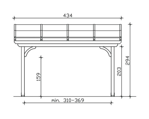 Technische Zeichnung einer Holzpergola mit Maßangaben