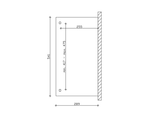 Dessin technique avec dimensions : hauteur 541, largeur 289, profondeur 255, hauteur minimale 417, hauteur maximale 475.