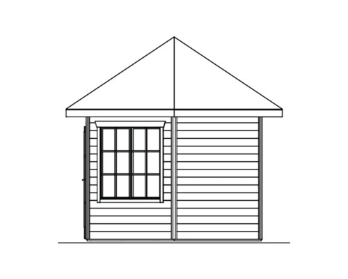 Vue latérale d''une cabane de jardin avec fenêtre et toit à deux pentes
