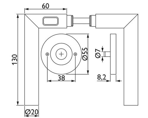 Schéma technique d''une poignée de porte avec dimensions