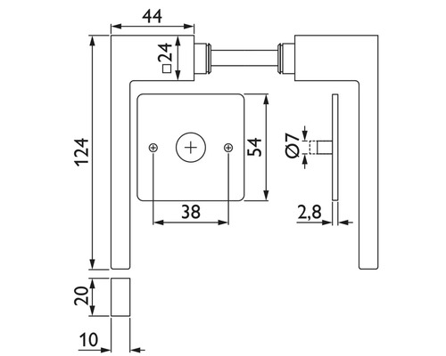 Schéma technique d''une poignée de porte avec indications de dimensions
