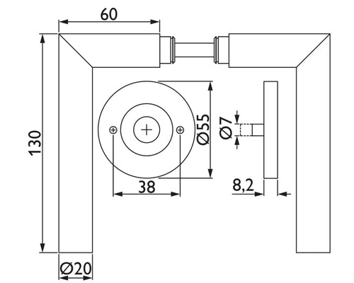 Schéma technique d''une poignée de porte avec dimensions