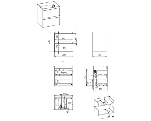 Technische Zeichnung eines Waschtischunterschranks mit Maßen