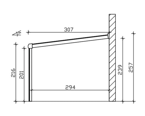 Technische Zeichnung einer Markise mit Maßangaben