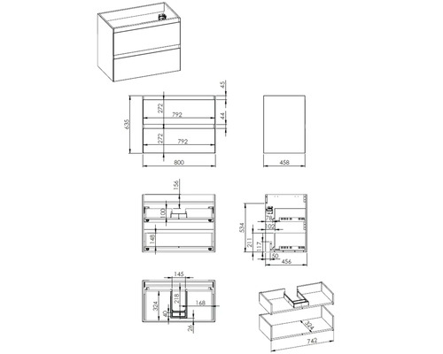 Schéma technique d''un meuble sous-vasque avec dimensions