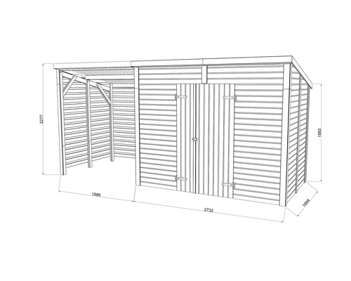 Image d''un abri de jardin avec toit annexe et indications de dimensions