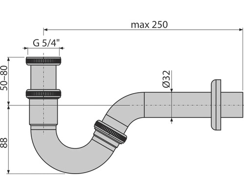 Technische Zeichnung eines Siphons mit Größenangaben