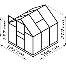 Image d''une serre mesurant 195 cm de large, 137 cm de hauteur latérale et 210 cm de hauteur totale.