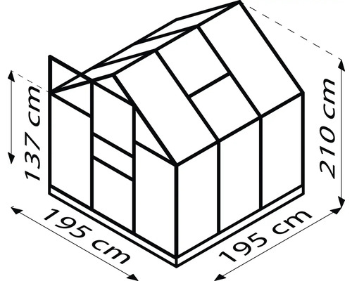 Image d''une serre mesurant 195 cm de large, 137 cm de hauteur latérale et 210 cm de hauteur totale.