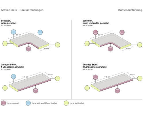 Bords de piscine Arctic Gneis avec variantes de bord et dimensions