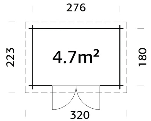 Plan avec les dimensions d''un abri de jardin, surface 4,7 mètres carrés