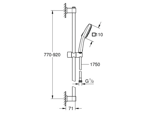 Dessin technique d''une barre de douche avec douchette et indications de dimensions.