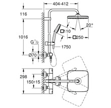 Technische Zeichnung eines Duschsystems mit Abmessungen