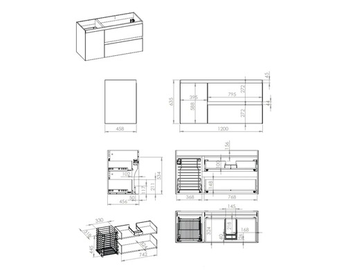 Plan technique d'un meuble sous-vasque avec dimensions.