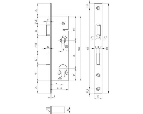 Dessin technique d''une serrure à mortaiser avec dimensions.