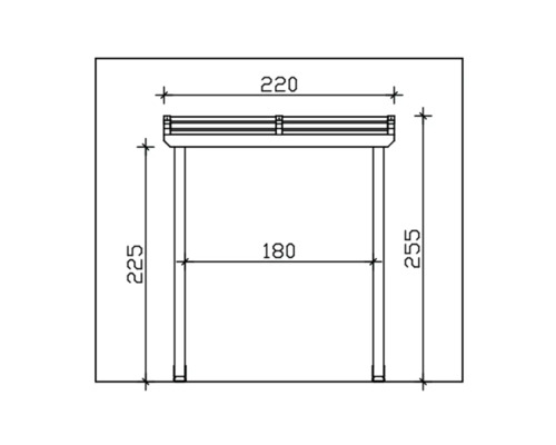 Technische Zeichnung eines Tisches mit den Maßen 220 x 180 x 255 Millimeter.