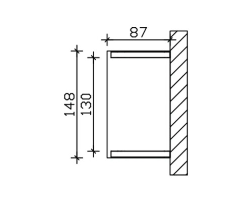 Technische Zeichnung mit Massangaben für ein Bauelement: 148 Millimeter Höhe, 130 Millimeter Innenhöhe und 87 Millimeter Tiefe.