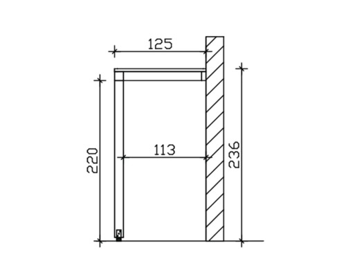 Technische Zeichnung eines Möbels mit Maßangaben in Millimetern.