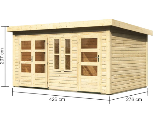 Abri de jardin en bois avec fenêtres, portes et indications de dimensions