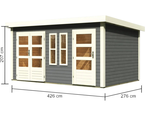 Abri de jardin avec fenêtres et portes ainsi que les dimensions