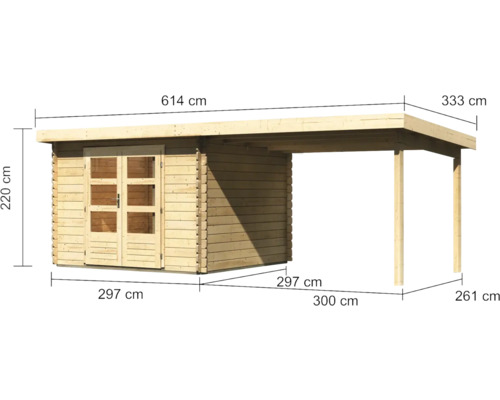 Abbildung eines Holzgartenhauses mit Carport und Maßangaben