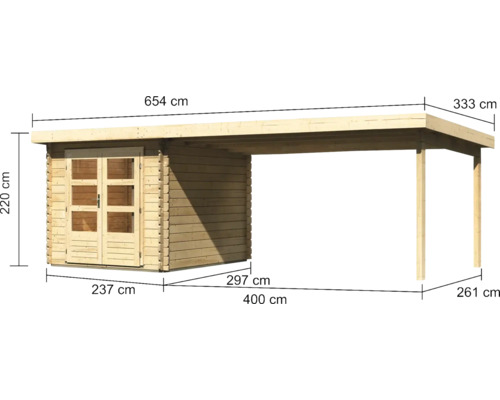 Image d''une maison en bois avec abri voiture et indications de dimensions.