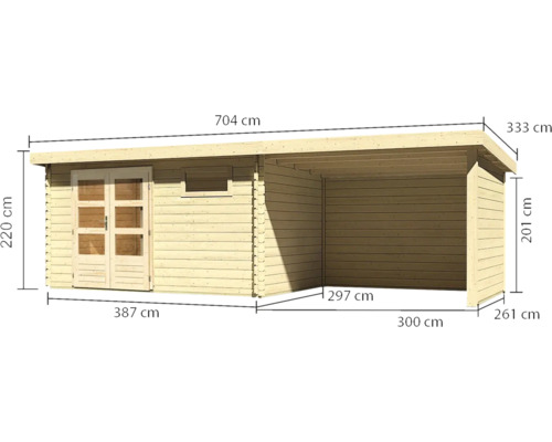 Dimensions d''un abri de jardin en bois avec double porte et abri voiture