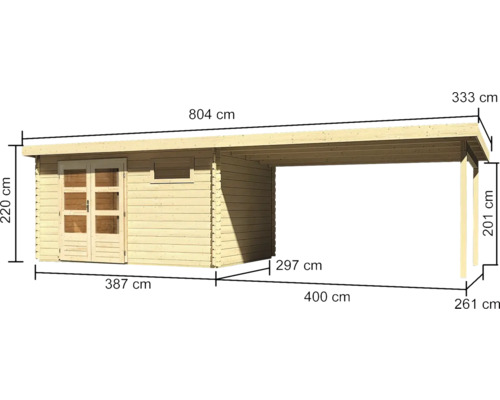 Abri de jardin en bois avec carport et indications de dimensions