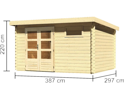 Holzgartenhaus mit Tür und Fenster, Abmessungen 387 x 297 x 220 cm