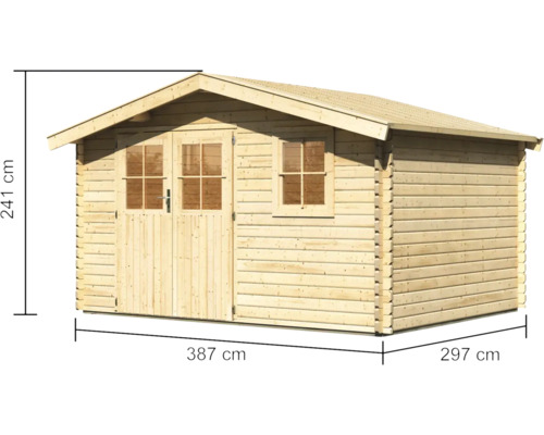 Holzgartenhaus mit Tür, Fenster und den Maßen 387 mal 297 mal 241 Zentimeter