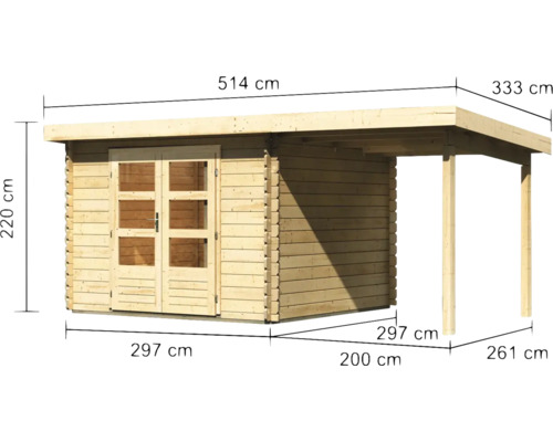 Abmessungen eines Gartenhauses mit Vordach aus Holz