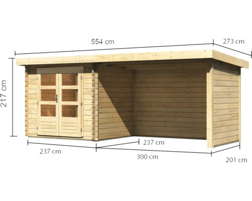Holzgartenhaus mit den Maßen 554 cm Breite, 273 cm Tiefe und 217 cm Höhe