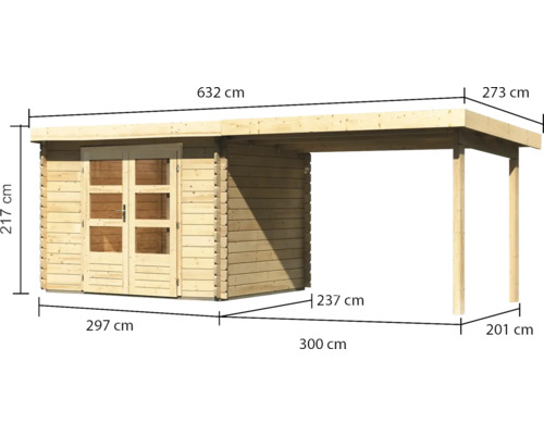 Image d''un abri de jardin avec abri voiture et indications de dimensions