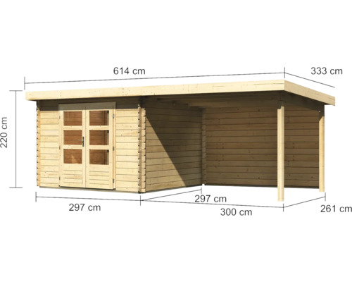 Abmessungen eines Gerätehauses aus Holz mit Anbau