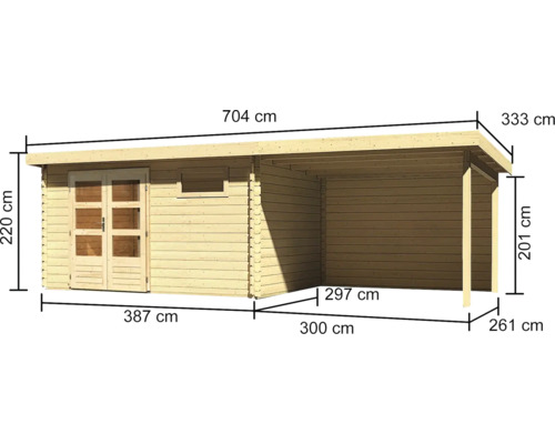 Abmessungen des Holz Gartenhauses mit Überdachung