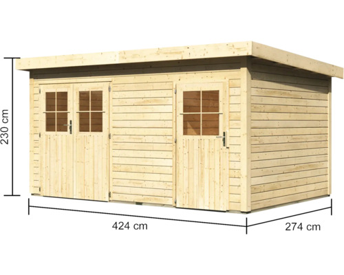 Holzgartenhaus mit zwei Türen und Massangaben