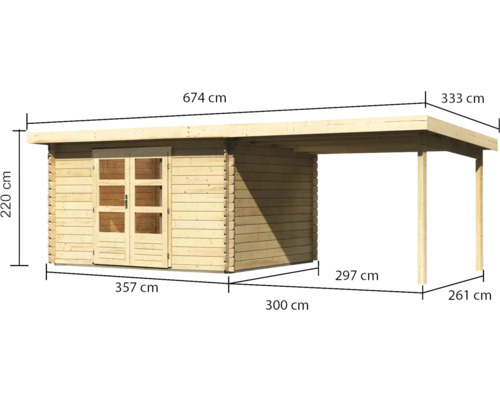 Abmessungen des Holzhauses mit Vordach.